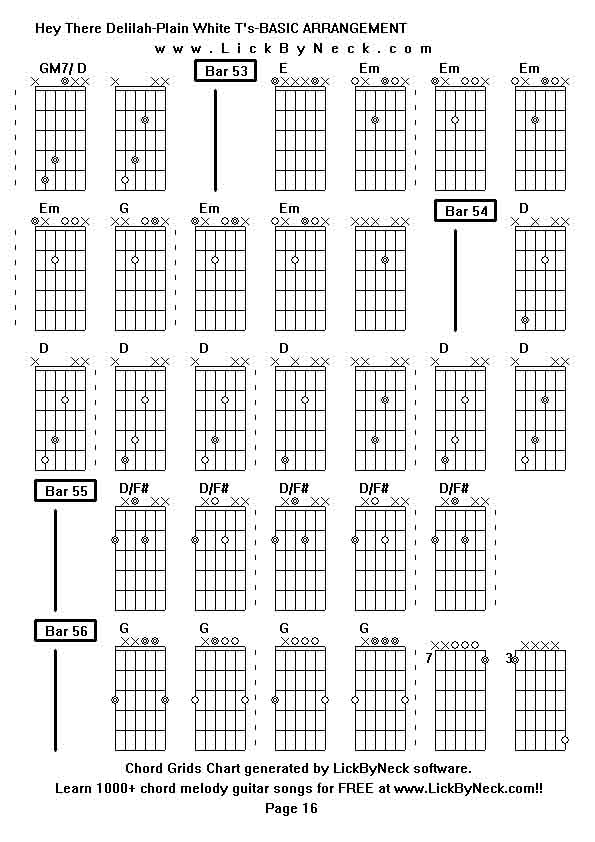 Chord Grids Chart of chord melody fingerstyle guitar song-Hey There Delilah-Plain White T's-BASIC ARRANGEMENT,generated by LickByNeck software.